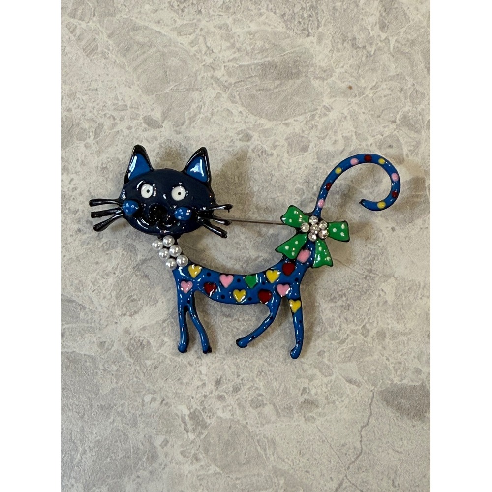 Blue Enamel Cat Brooch Heart Polka Dot Rhinestone Bow Faux Pearl Pin Novelty